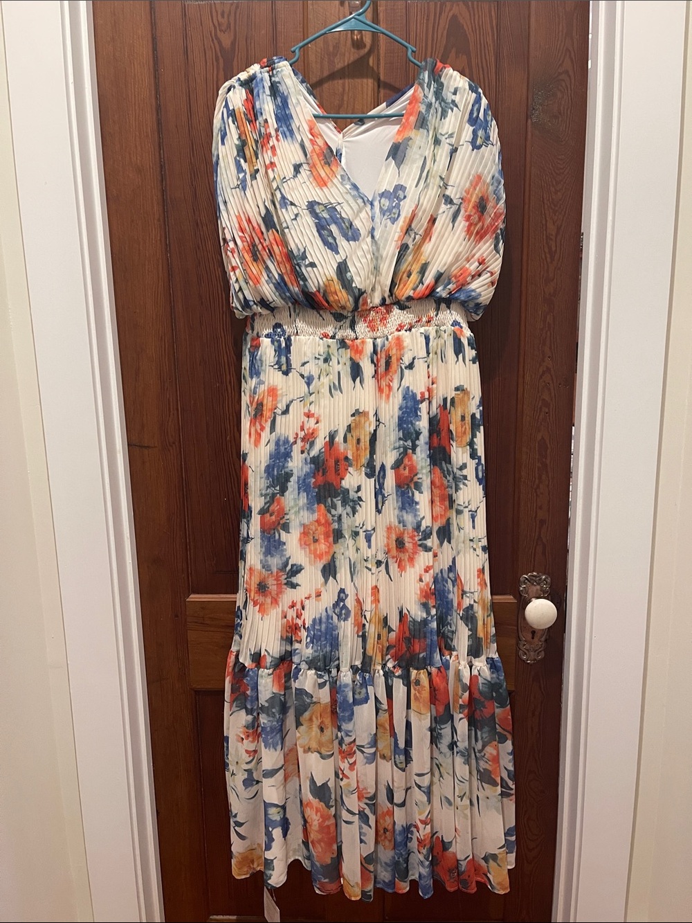 Chicwish Floral Pleated Maxi Dress - White with Blue & Orange Floral